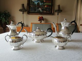 Old English Hand Chased Melon 5 Piece Silver Plate Coffee Tea Set By L Bros.