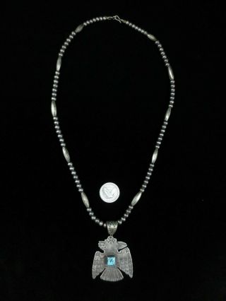 Old Pawn Navajo Necklace - Coin Silver Thunderbird And Turquoise