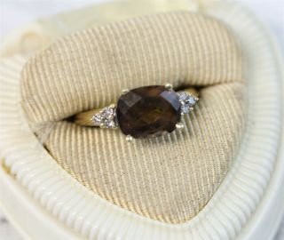 Vintage 14k Yellow Gold Smokey Quartz Diamond Ring Cushion Cut Pretty Luxury 8