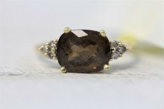 Vintage 14K Yellow Gold Smokey Quartz Diamond Ring Cushion cut Pretty Luxury 8 3