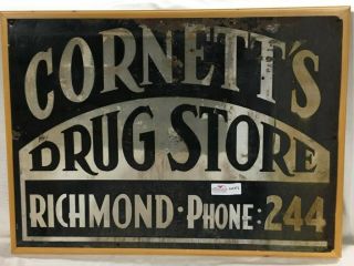 Vintage RARE One of a Kind Richmond Kentucky Cornett ' s Drug Store Metal Sign RX 3
