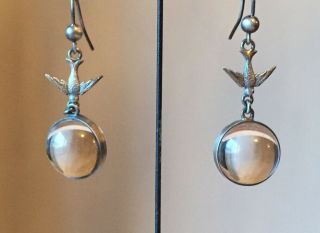 Silver Rock Crystal Quartz Orb Pools Of Light Earrings Swallow Bird Ear Drop