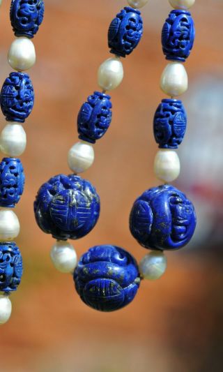 Fabulous Vintage Necklace - Antique Chinese Carved Lapis Beads W/cultured Pearls