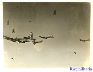 Org.  Photo: Aerial View 100th Bomb Group B - 17 Bombers Flying in German AA Flak 2