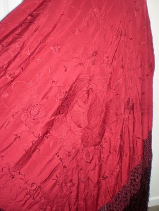 Antique Large Fringed 1920s HAND EMBROIDERED SILK Piano SHAWL Wrap Burgundy RED 11