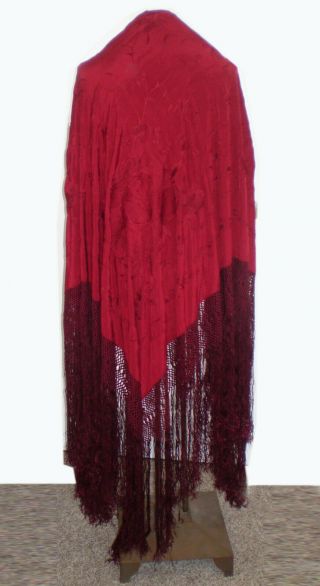Antique Large Fringed 1920s HAND EMBROIDERED SILK Piano SHAWL Wrap Burgundy RED 2