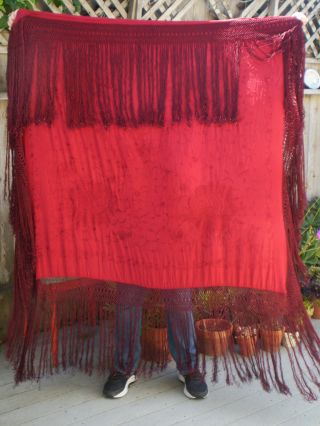 Antique Large Fringed 1920s HAND EMBROIDERED SILK Piano SHAWL Wrap Burgundy RED 3