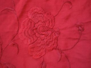 Antique Large Fringed 1920s HAND EMBROIDERED SILK Piano SHAWL Wrap Burgundy RED 6