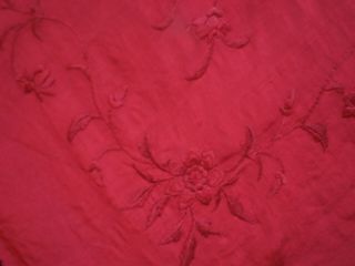 Antique Large Fringed 1920s HAND EMBROIDERED SILK Piano SHAWL Wrap Burgundy RED 7
