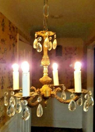 Vintage Ornate Petite French Brass Chandelier Cottage Crystals 4 Light