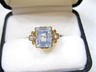 Vintage Estate 10 K Yellow Gold Art Deco Blue Stone Ring Spinel W/diamond Accen