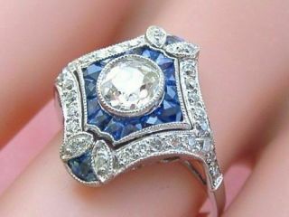 Antique Art Deco 0.  7 Ct Round Cut & Sapphire Engagement Ring 14k White Gold Over