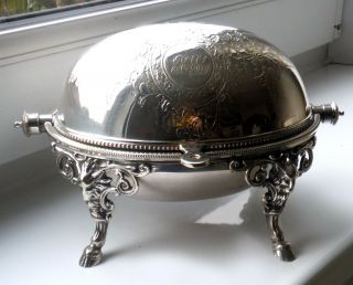 SMALLER 8” VICTORIAN ROLL TOP SILVER PLATED SERVER - RAMS HEAD MTS/FEET 2