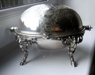 SMALLER 8” VICTORIAN ROLL TOP SILVER PLATED SERVER - RAMS HEAD MTS/FEET 7