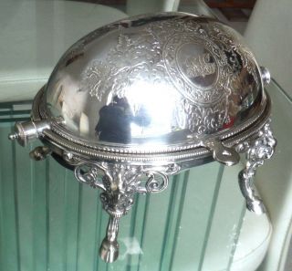 SMALLER 8” VICTORIAN ROLL TOP SILVER PLATED SERVER - RAMS HEAD MTS/FEET 8