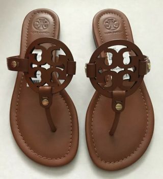 Tory Burch Miller Leather Vintage Vachetta Brown Gold Thong Sandal Sz 7