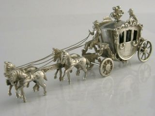 DUTCH SOLID SILVER HORSE DRAWN CARRIAGE MINIATURE c1950 ' s GOOD SIZE 4.  5inch 2