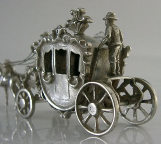 DUTCH SOLID SILVER HORSE DRAWN CARRIAGE MINIATURE c1950 ' s GOOD SIZE 4.  5inch 8