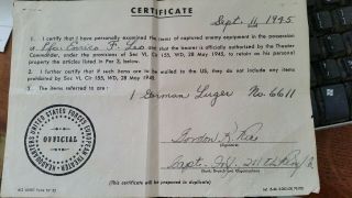 Capture Paper Wwii German P08 Luger Certificate