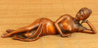 Chinese Old Antique Boxwood Hand Carved Lie Belle Girl Statue Ornament Decorate