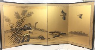 Vintage Japanese Chinese 4 Panel Folding Screen Byobu Painted 70x34 Birds Gold