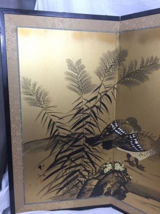 Vintage Japanese Chinese 4 Panel Folding Screen Byobu Painted 70x34 Birds Gold 3