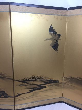 Vintage Japanese Chinese 4 Panel Folding Screen Byobu Painted 70x34 Birds Gold 4