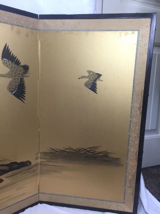 Vintage Japanese Chinese 4 Panel Folding Screen Byobu Painted 70x34 Birds Gold 5