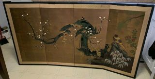 Vtg Japanese Chinese 4 Panel Folding Screen Byobu Painted About 76x36 Antique