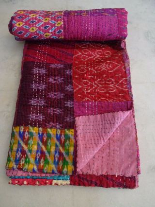 Vintage Patola Silk Sari Kantha Quilt Patchwork Throw Gudari Bedspread Blanket 1