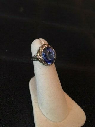 Vintage 14k White Gold Filigree Oval Blue Synthetic/lab Sapphire Ring Size 4.  5