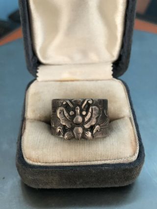 Antique Chinese Coin Silver Signed Adjustable Moth Ring