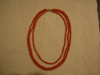 Sweet Antique 3 Strand Coral Bead Necklace With 14k Gold Clasp