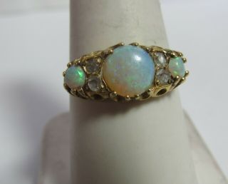 Vintage 14k Solid Gold Ring W/ Australian Natural Opals And Rose Cut Diamonds