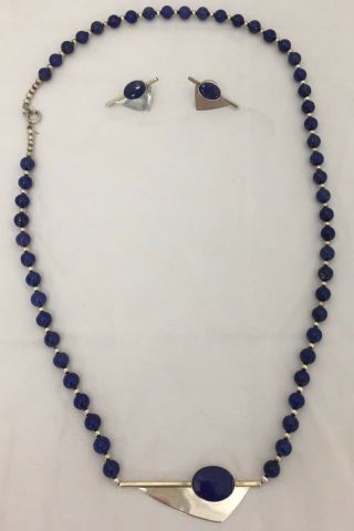 Vintage Ajv Sterling Silver Lapis Lazuli Modernist Beaded Necklace Earrings Set
