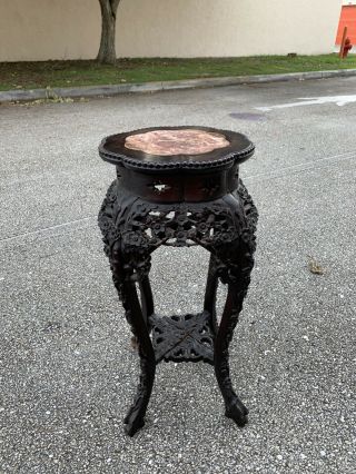 19th Antique Chinese Heavily Carved Soild Rosewood With Marble Top Plant Stand