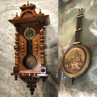 Vintage Antique Germany Junghans Striking Wall Clock With Brass Pendulum