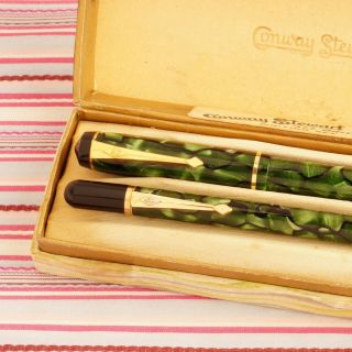 Vintage Conway Stewart 759 Green Jade Black - Vein Fountain Pen Pencil Boxset