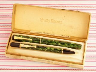 Vintage CONWAY STEWART 759 Green Jade Black - Vein Fountain Pen Pencil BOXSET 7