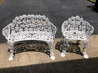 Vintage White Cast Iron Grape Vine Leaf Settee And Side Chair