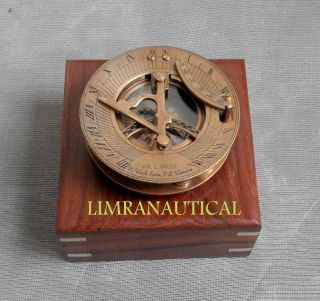 Antique Finish Brass Sundail Compass Maritime Compass Wooden Box