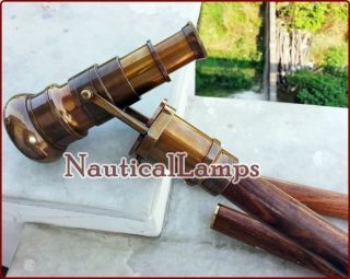 Antique Wooden Nautical Telescope Handle Cane Brass Wood Stick Folding Hiddenspy