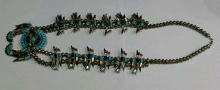 Vintage Zuni Sterling Turquoise Inlay Payote Water Bird Squash Blossom Necklace