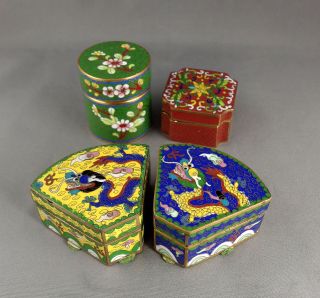 4 Vtg Chinese Cloisonne Boxes With 5 - Toed Imperial Dragons,  Lotus,  Clouds,  Etc.