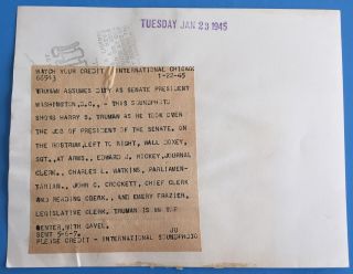 HARRY S TRUMAN SENATE PRESIDENT 1945 News Service Photo WORLD WAR II 2
