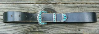 Vintage Sterling Silver & Turquoise Belt Buckle On Leather Belt