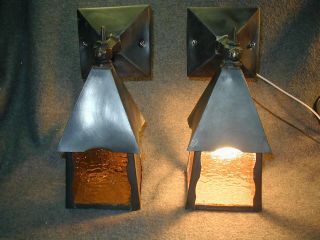 2 Antique Gothic Art Craft Craftsman 20s Bungalow Porch Light Sconce Amber Glass
