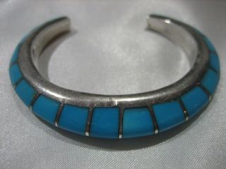 Vintage Unsigned Sterling Silver Inlay Turquoise Heavy Cuff Bracelet