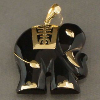 Fabulous,  Solid 14K Yellow Gold & Black Jade,  Carved Elephant Estate Pendant 4