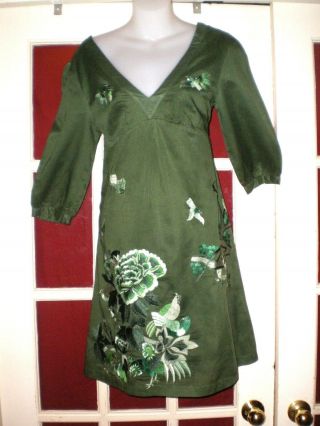 Vtg Chinese/japanese Green Dress/robe W/embroidered Peonies & Birds Sz M